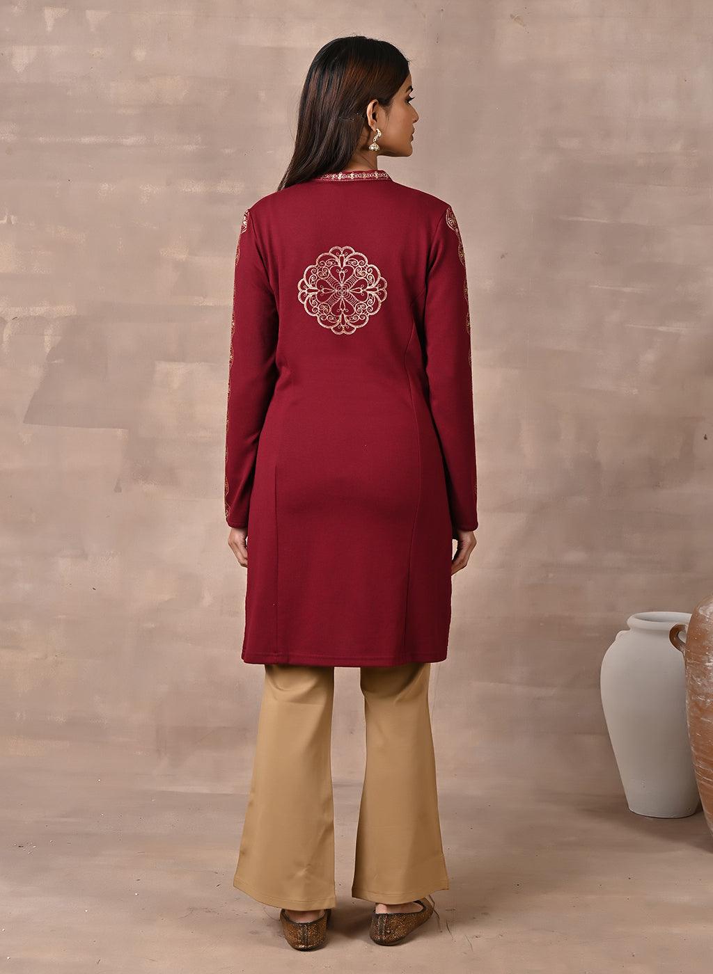 Maroon Solid Woolen Kurti with Foil Print - Lakshita