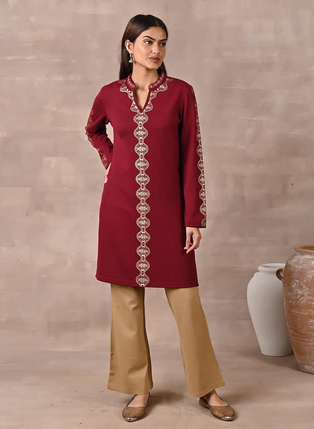 Maroon Solid Woolen Kurti with Foil Print - Lakshita