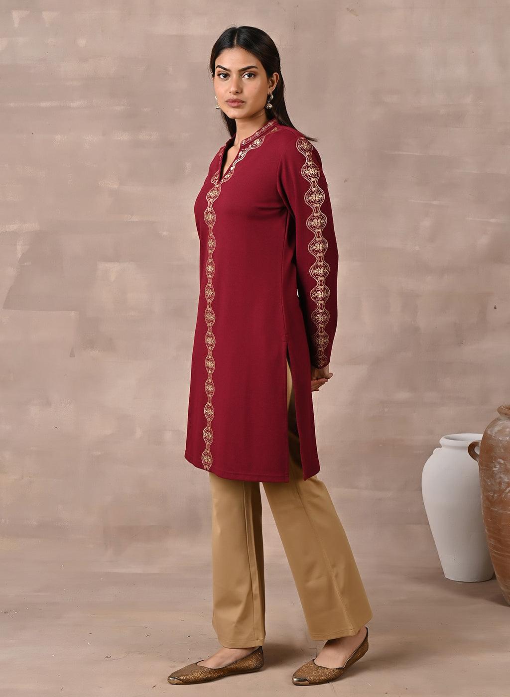 Maroon Solid Woolen Kurti with Foil Print - Lakshita