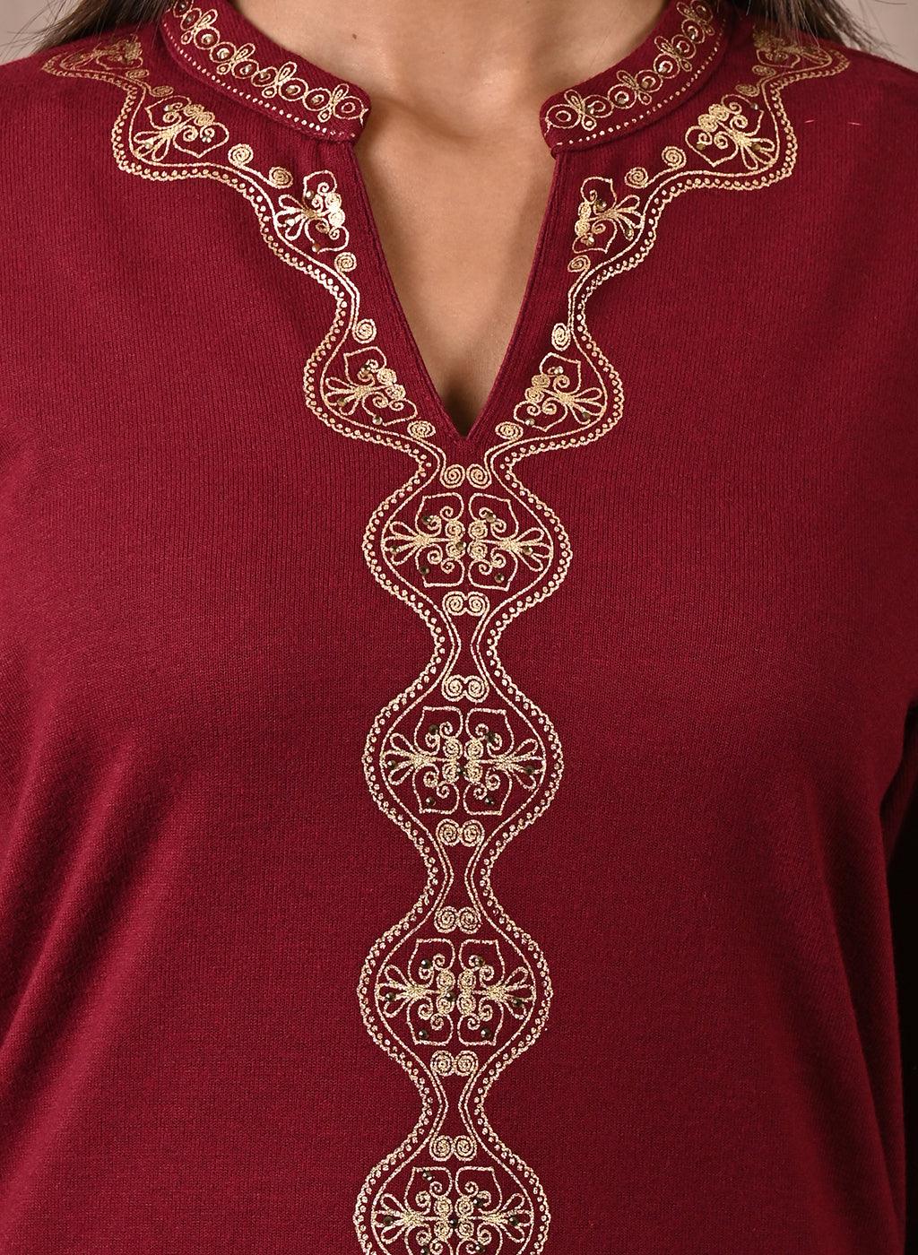 Maroon Solid Woolen Kurti with Foil Print - Lakshita