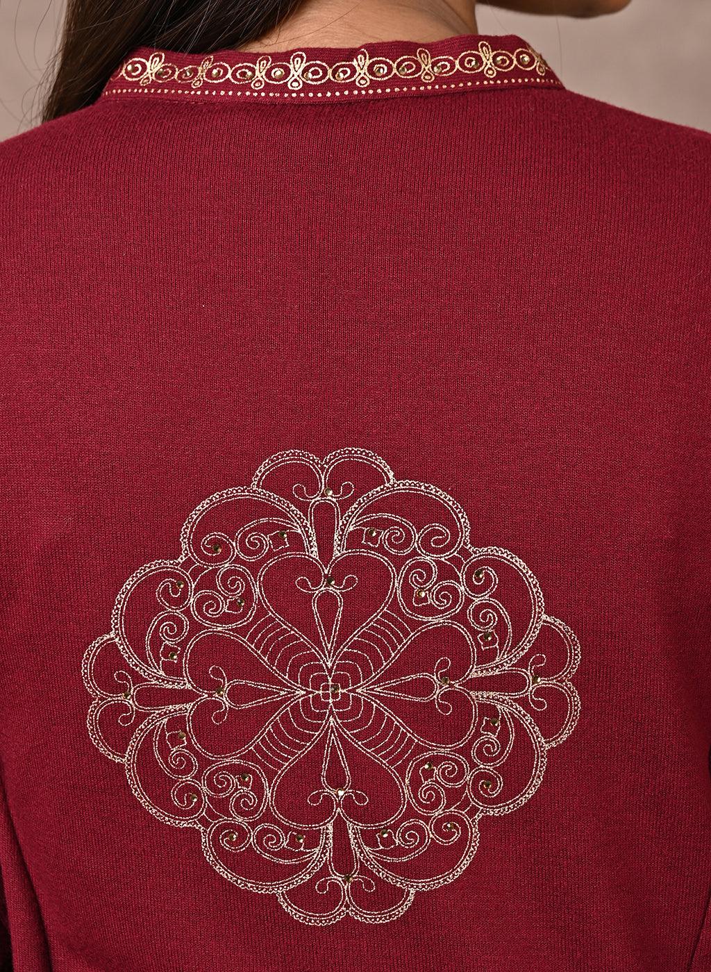 Maroon Solid Woolen Kurti with Foil Print - Lakshita