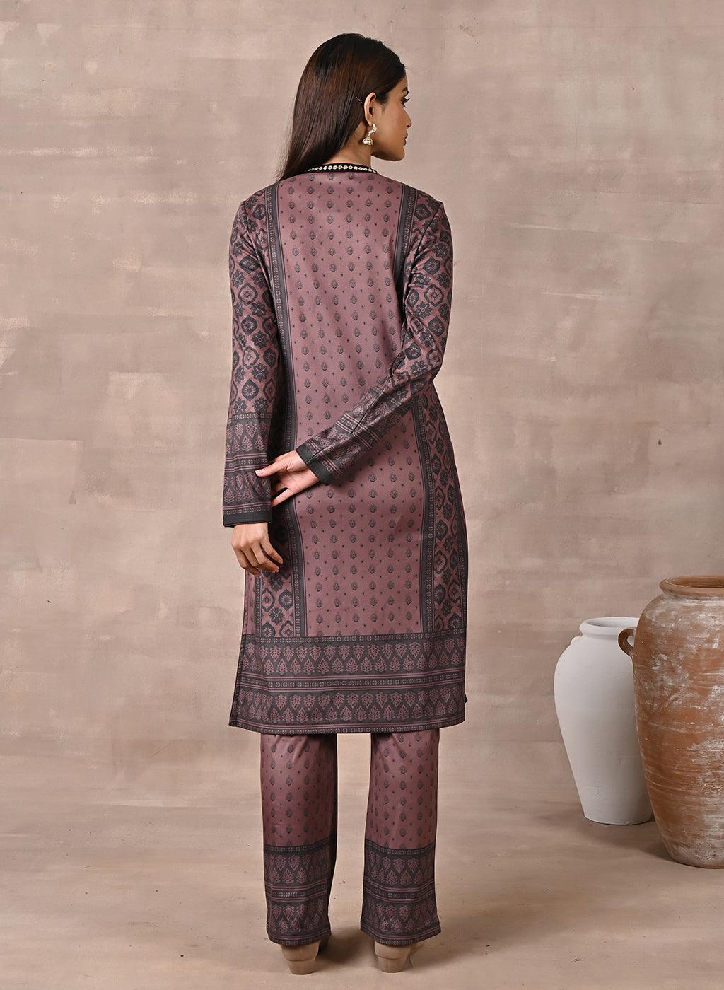 Back view of the Brown Velvet Kurta Set with Zari & Sequin Work