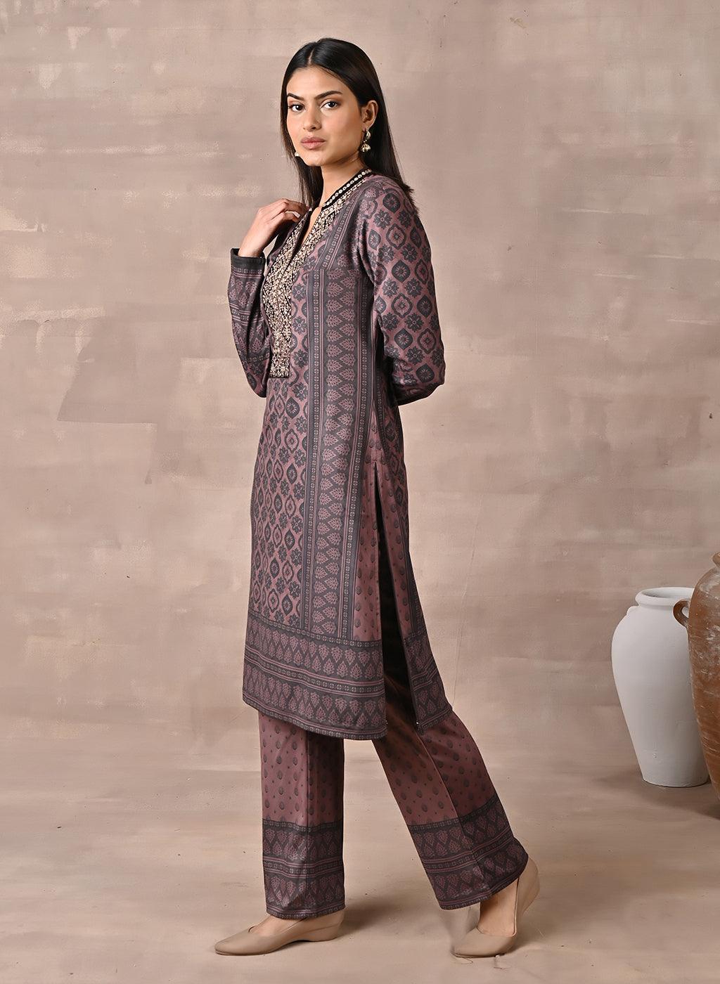 Side view of the Brown Velvet Kurta Set with Zari & Sequin Work