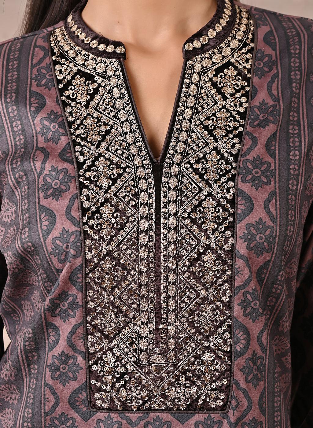 Heavy zari & sequin work on the neckline of Brown Velvet Kurta Set