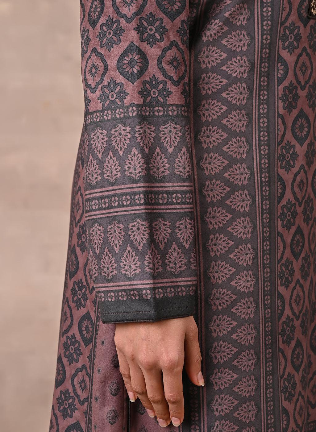 Print on the sleeveline of Brown Velvet Kurta Set with Zari & Sequin Work