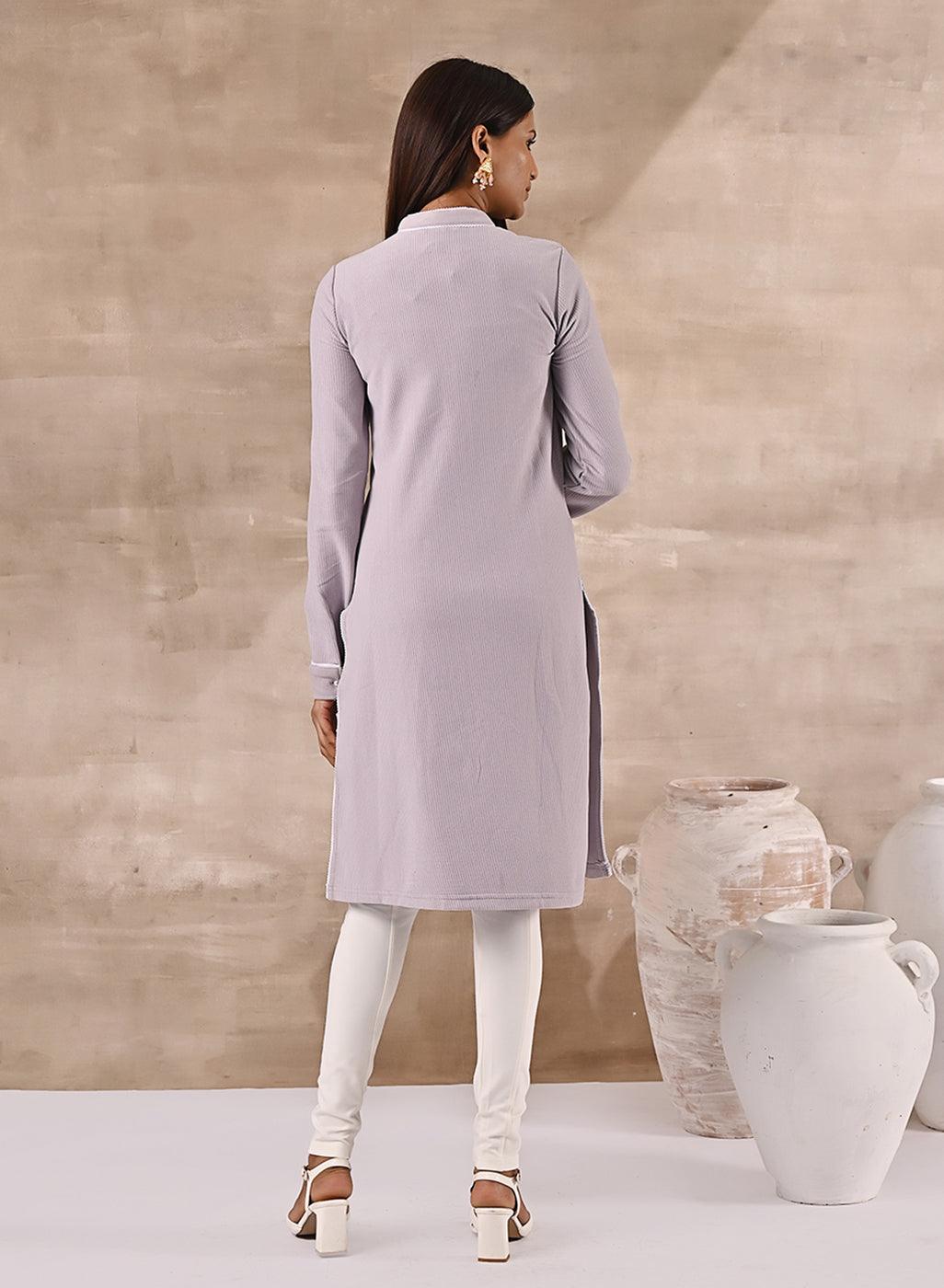 Full Sleeve Woolen Lavender Striped Kurti - Lakshita