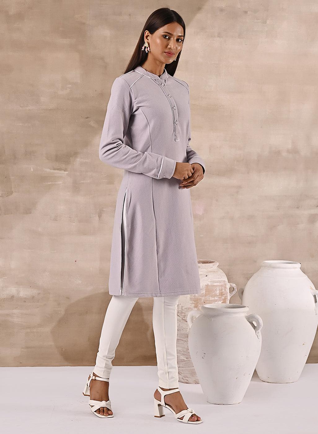 Full Sleeve Woolen Lavender Striped Kurti - Lakshita