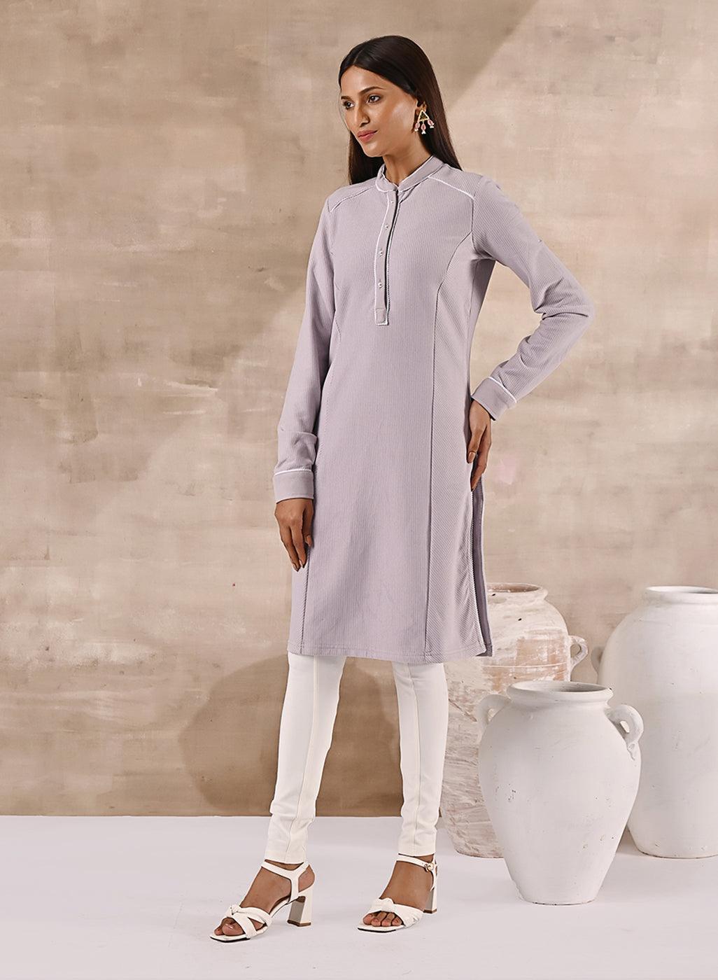 Full Sleeve Woolen Lavender Striped Kurti - Lakshita