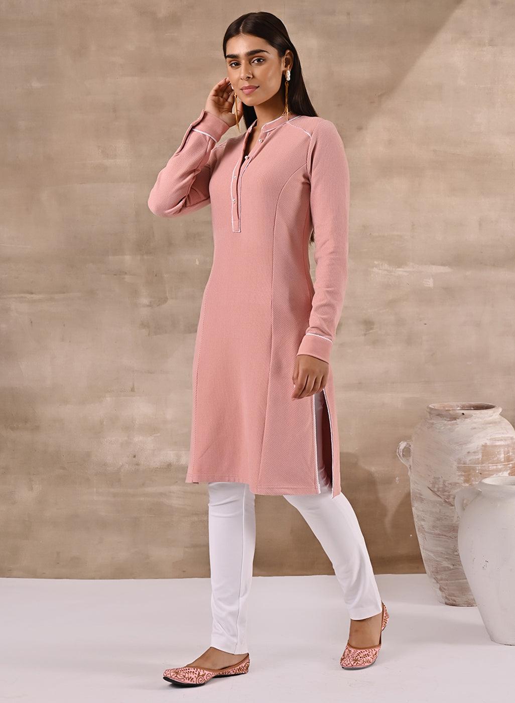 Full Sleeve Woolen Peach Striped Kurti - Lakshita