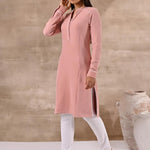 Full Sleeve Woolen Peach Striped Kurti - Lakshita