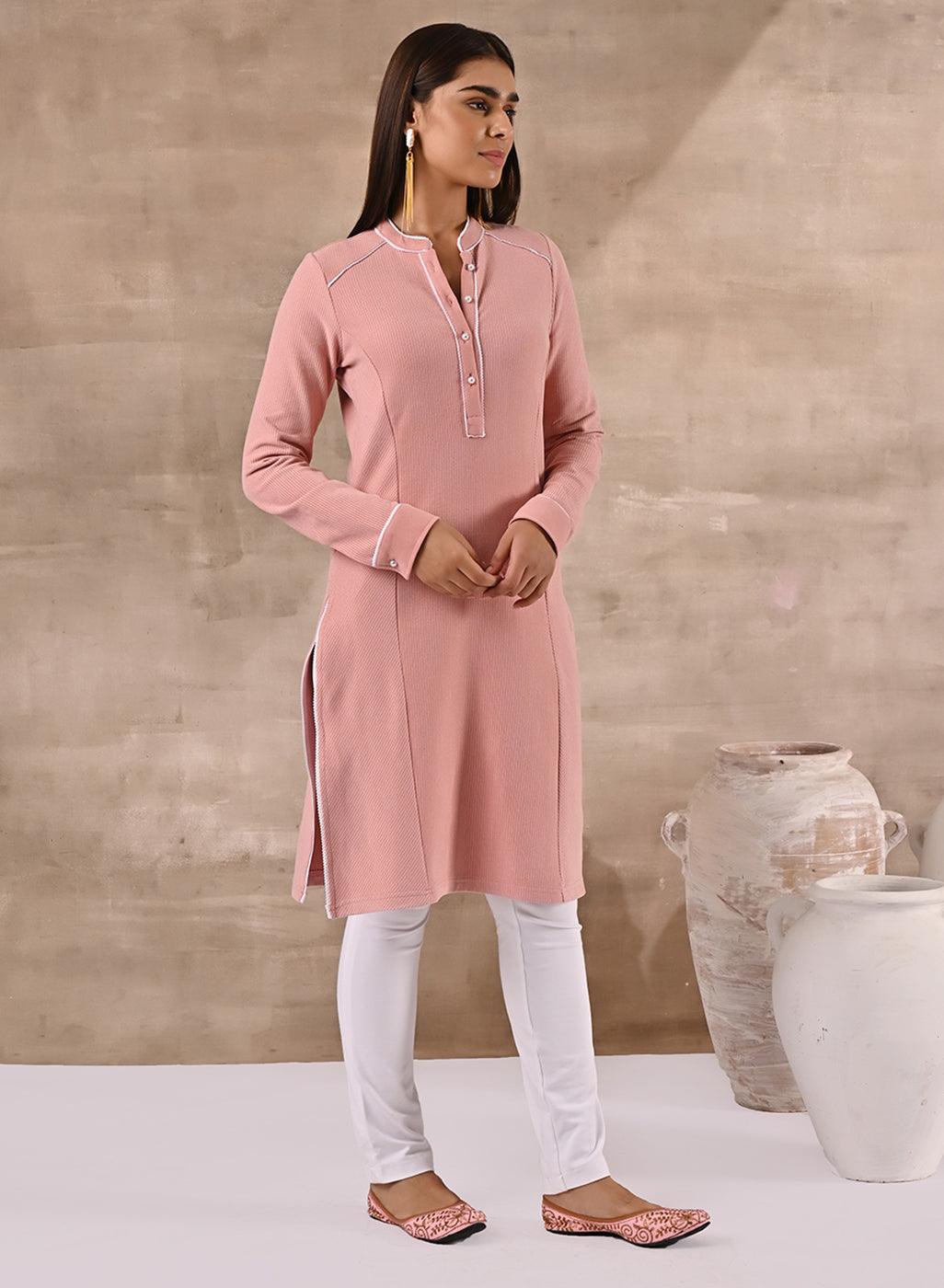 Full Sleeve Woolen Peach Striped Kurti - Lakshita