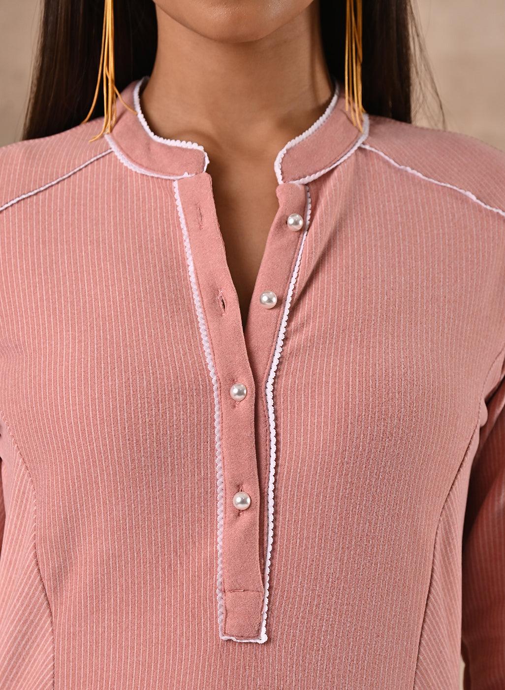 Full Sleeve Woolen Peach Striped Kurti - Lakshita