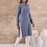 Full Sleeve Woolen Blue Striped Kurti - Lakshita