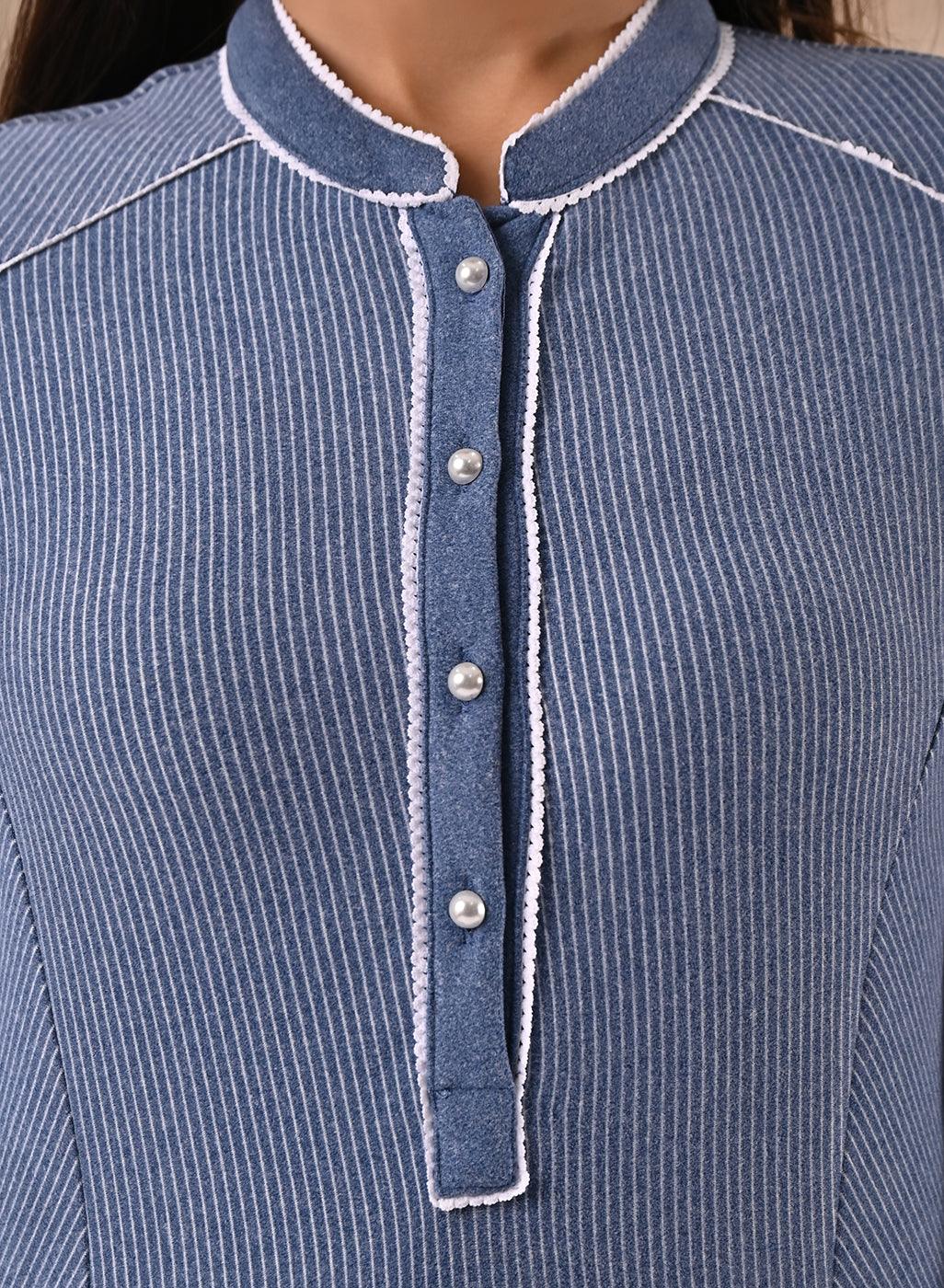 Full Sleeve Woolen Blue Striped Kurti - Lakshita