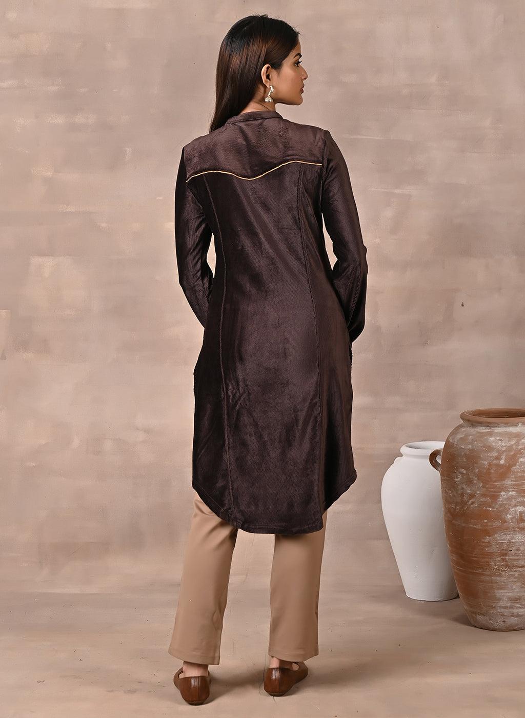 Brown Princess Cut Solid Kurta with Gathered Sleeves - Lakshita