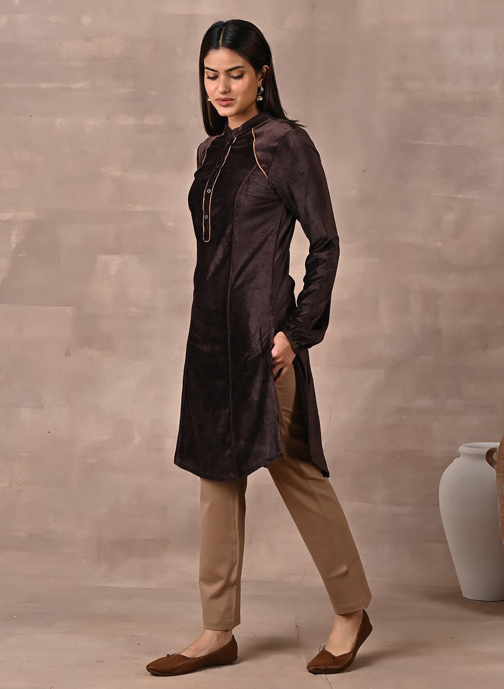 Brown Princess Cut Solid Kurta with Gathered Sleeves - Lakshita