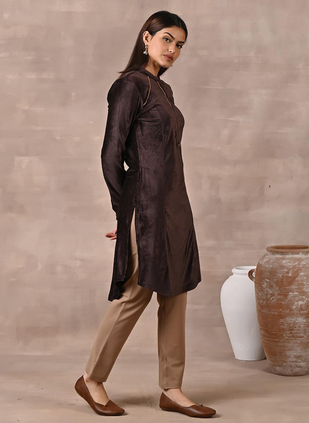 Brown Princess Cut Solid Kurta with Gathered Sleeves - Lakshita