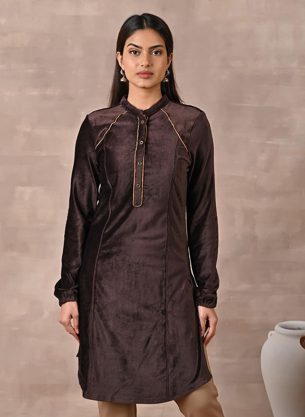Brown Princess Cut Solid Kurta with Gathered Sleeves - Lakshita
