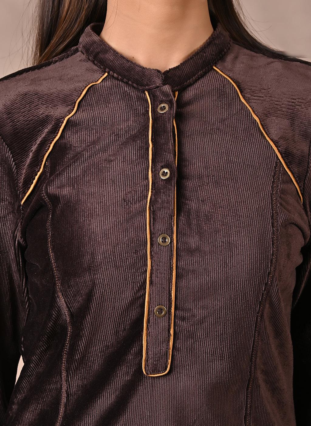 Brown Princess Cut Solid Kurta with Gathered Sleeves - Lakshita