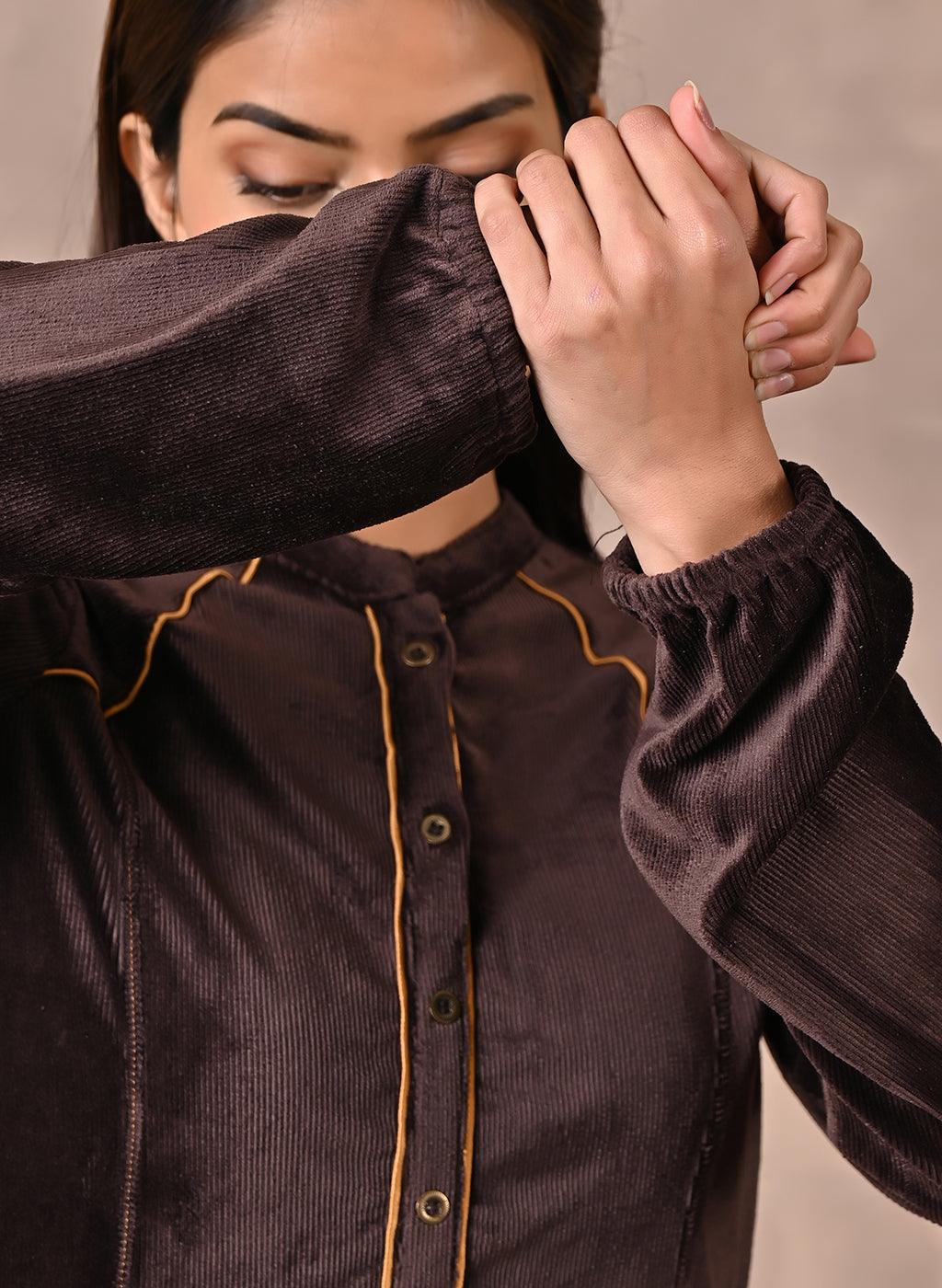 Brown Princess Cut Solid Kurta with Gathered Sleeves - Lakshita