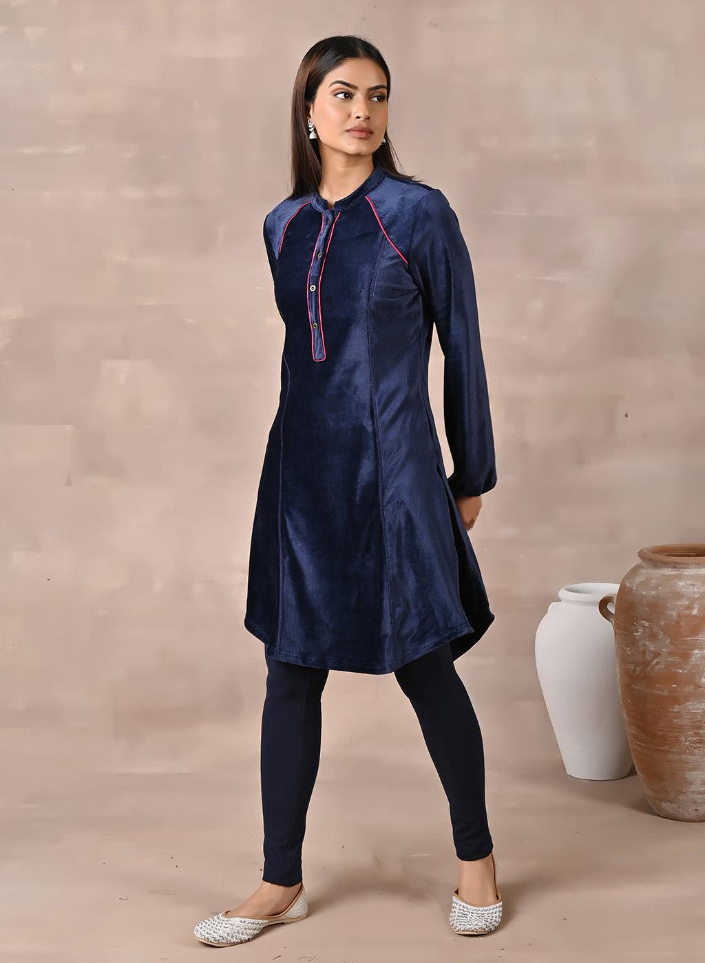 Navy Blue Princess Cut Solid Kurta with Gathered Sleeves - Lakshita