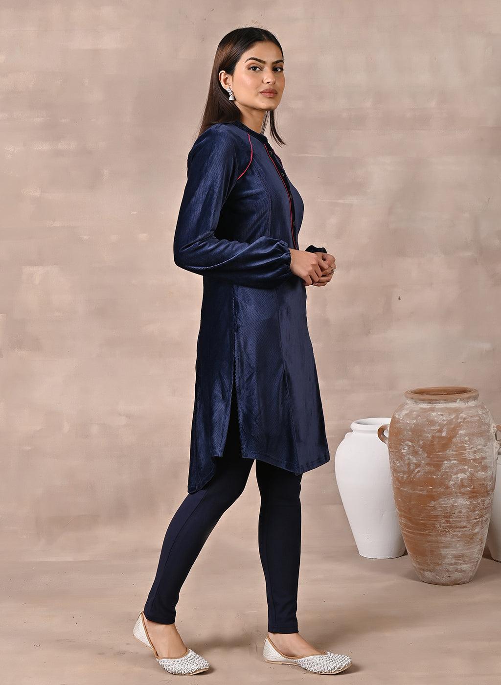 Navy Blue Princess Cut Solid Kurta with Gathered Sleeves - Lakshita