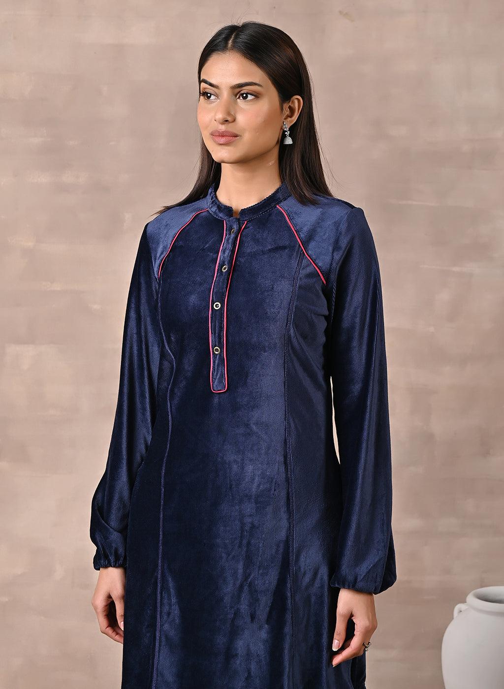 Navy Blue Princess Cut Solid Kurta with Gathered Sleeves - Lakshita