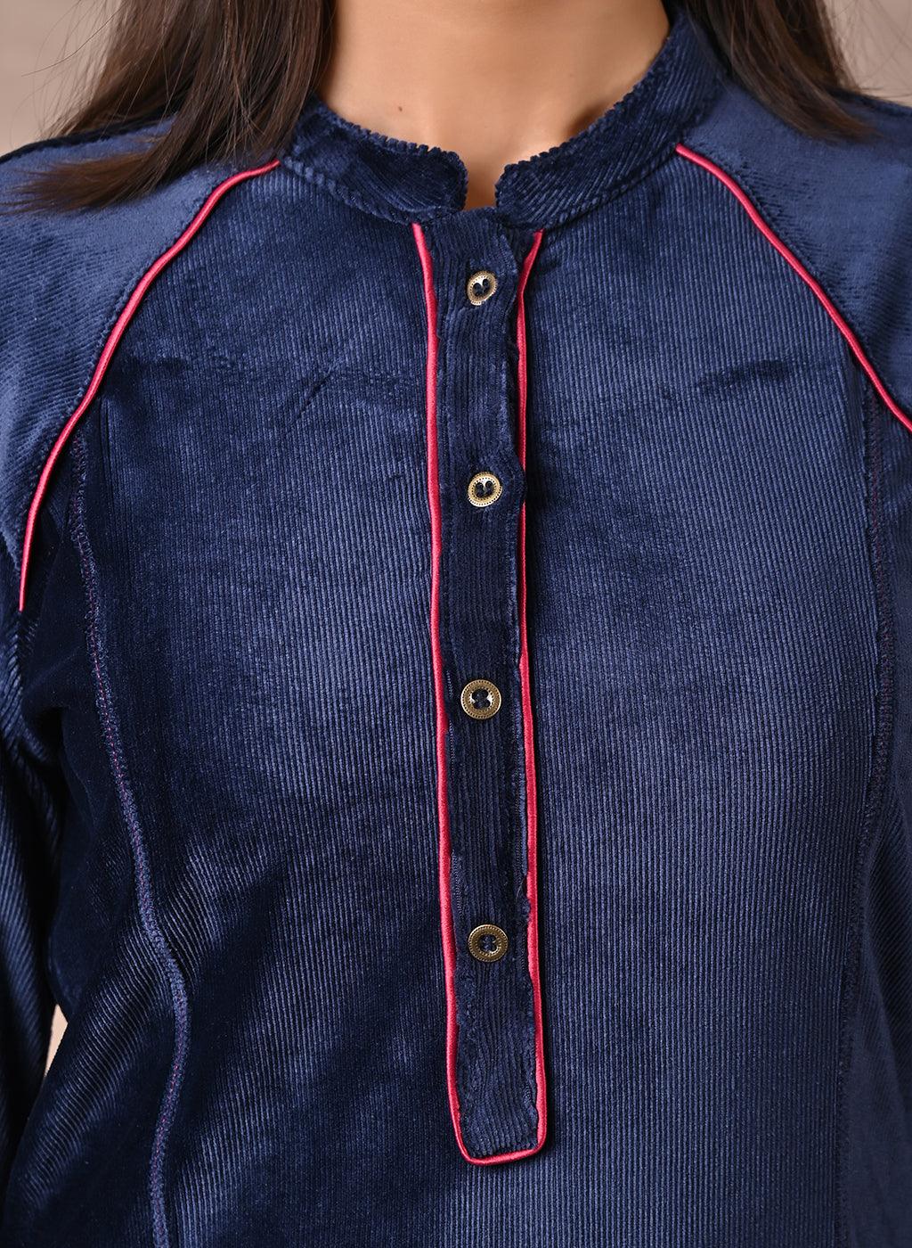 Navy Blue Princess Cut Solid Kurta with Gathered Sleeves - Lakshita