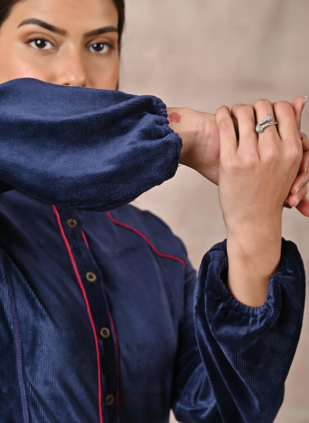 Navy Blue Princess Cut Solid Kurta with Gathered Sleeves - Lakshita