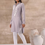 Purple Full Sleeve Woolen Striped Kurti with Lace Work - Lakshita