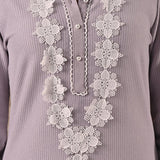 Purple Full Sleeve Woolen Striped Kurti with Lace Work - Lakshita