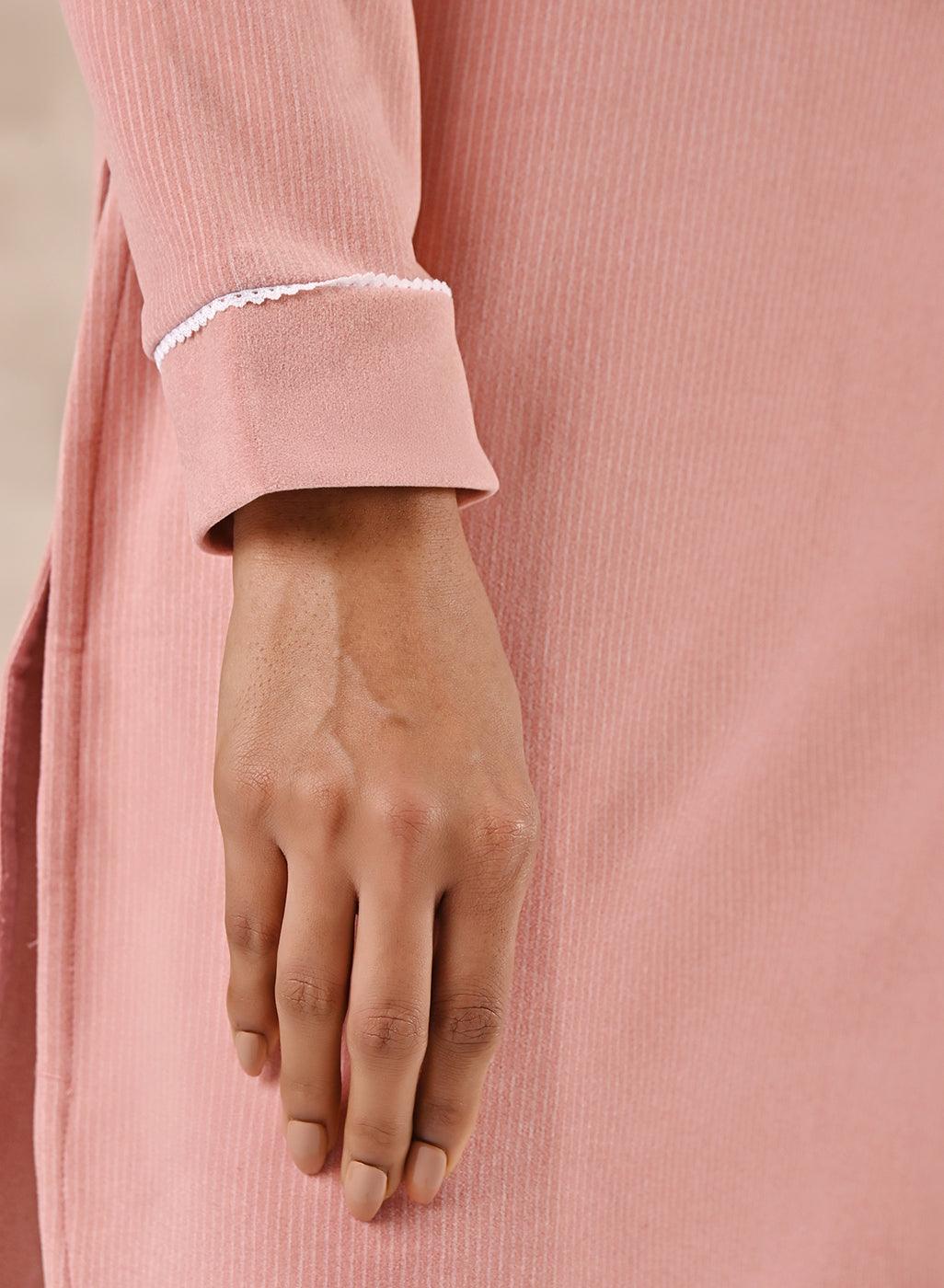 Peach Full Sleeve Woolen Striped Kurti with Lace Work - Lakshita