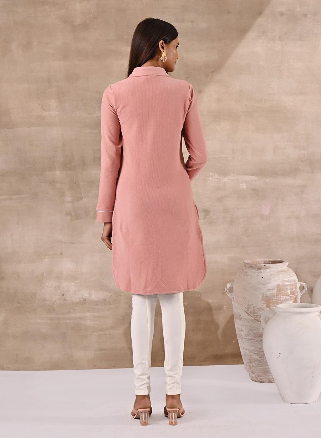 Peach Full Sleeve Woolen Striped Kurti with Lace Work - Lakshita