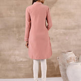 Peach Full Sleeve Woolen Striped Kurti with Lace Work - Lakshita