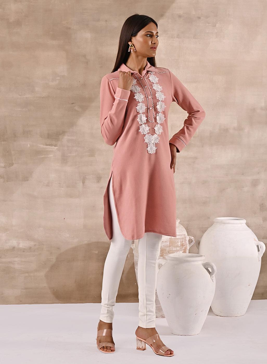 Peach Full Sleeve Woolen Striped Kurti with Lace Work - Lakshita