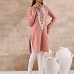 Peach Full Sleeve Woolen Striped Kurti with Lace Work - Lakshita