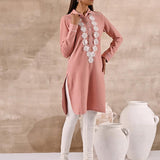 Peach Full Sleeve Woolen Striped Kurti with Lace Work - Lakshita
