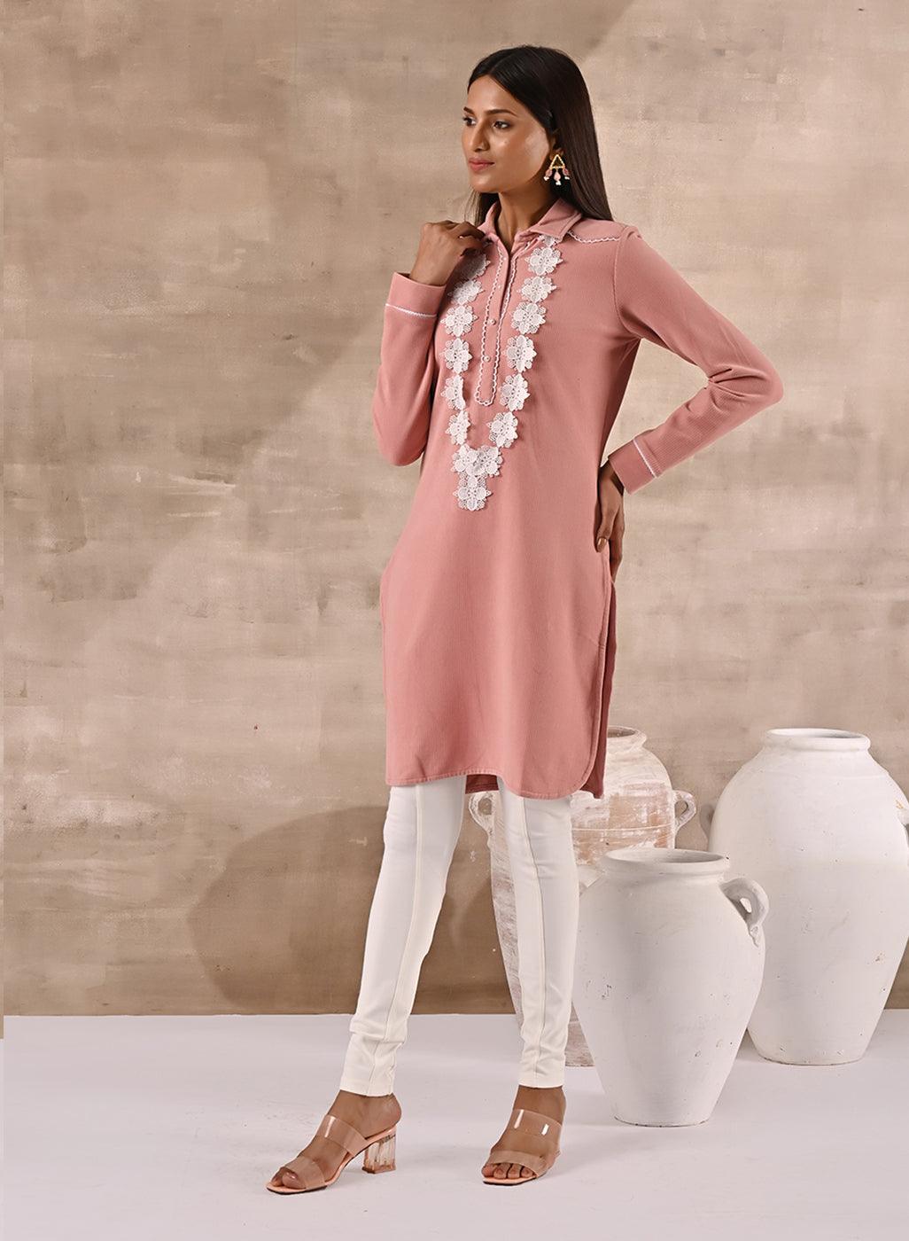 Peach Full Sleeve Woolen Striped Kurti with Lace Work - Lakshita