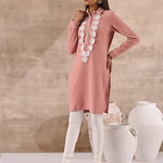 Peach Full Sleeve Woolen Striped Kurti with Lace Work - Lakshita