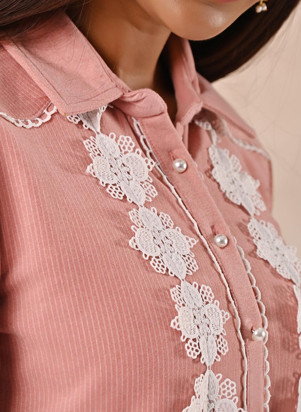 Peach Full Sleeve Woolen Striped Kurti with Lace Work - Lakshita