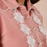 Peach Full Sleeve Woolen Striped Kurti with Lace Work - Lakshita