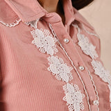 Peach Full Sleeve Woolen Striped Kurti with Lace Work - Lakshita