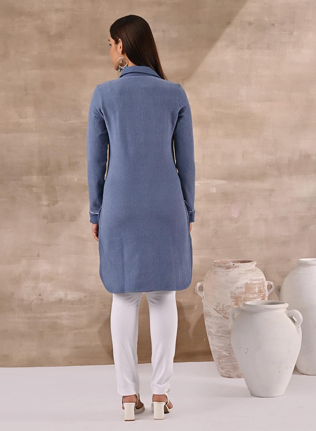 Blue Full Sleeve Woolen Striped Kurti with Lace Work - Lakshita