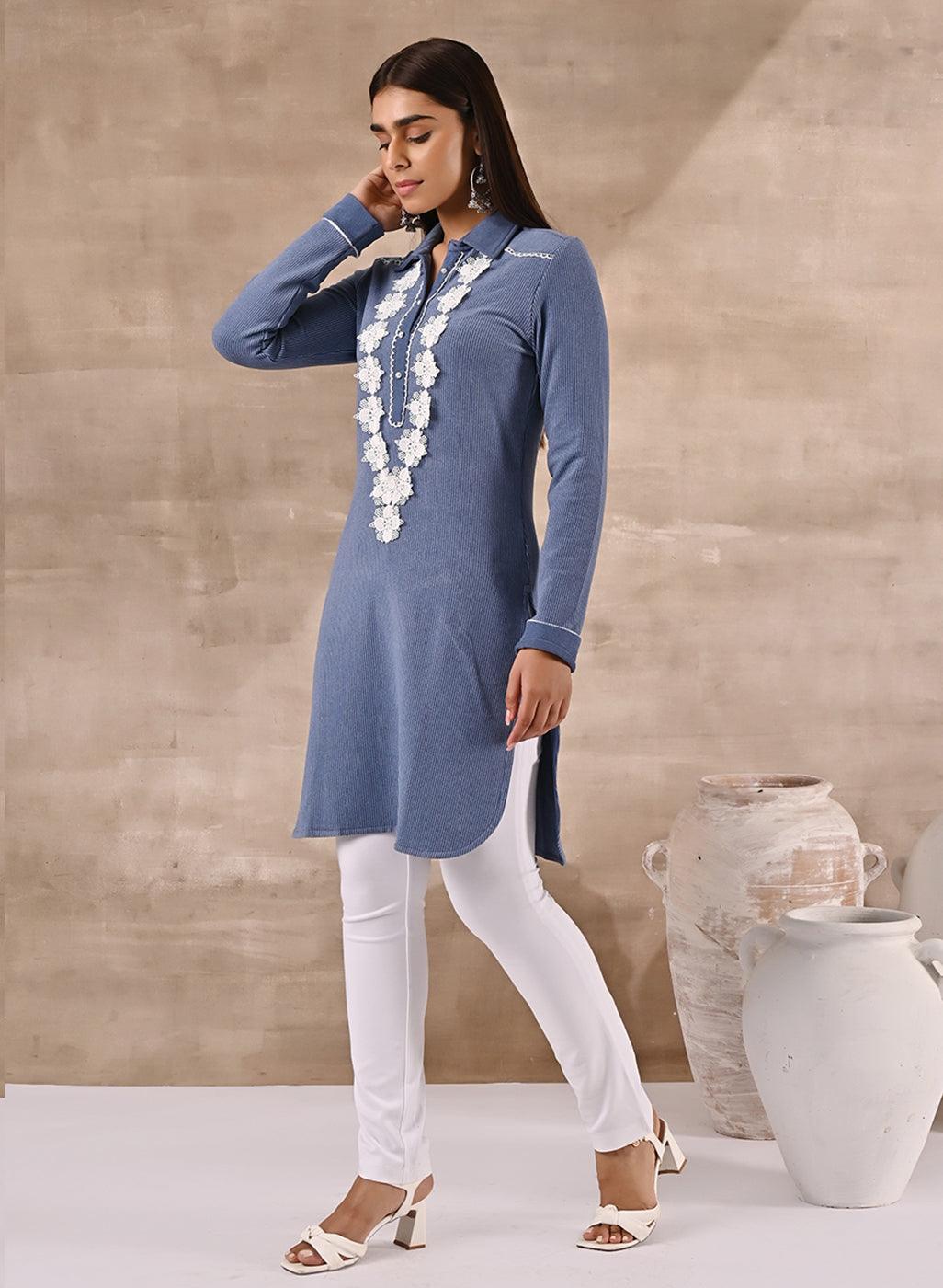 Blue Full Sleeve Woolen Striped Kurti with Lace Work - Lakshita
