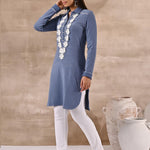 Blue Full Sleeve Woolen Striped Kurti with Lace Work - Lakshita