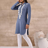 Blue Full Sleeve Woolen Striped Kurti with Lace Work - Lakshita