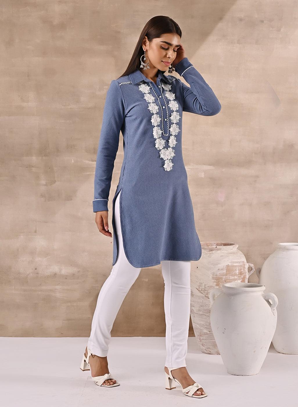 Blue Full Sleeve Woolen Striped Kurti with Lace Work - Lakshita