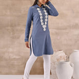 Blue Full Sleeve Woolen Striped Kurti with Lace Work - Lakshita