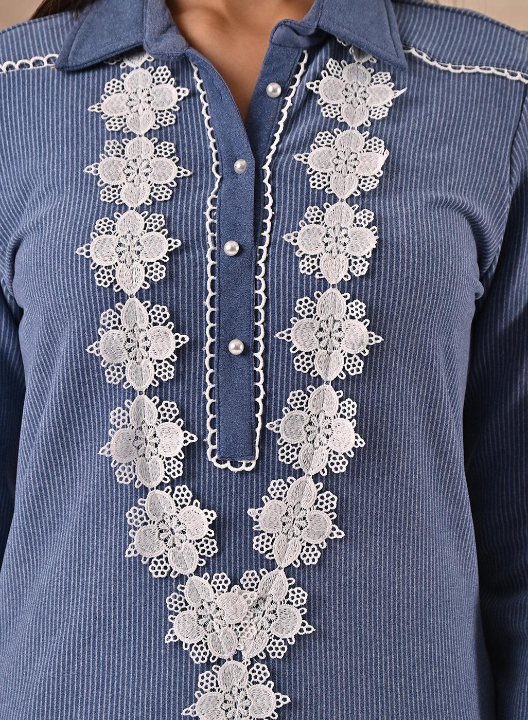 Blue Full Sleeve Woolen Striped Kurti with Lace Work - Lakshita