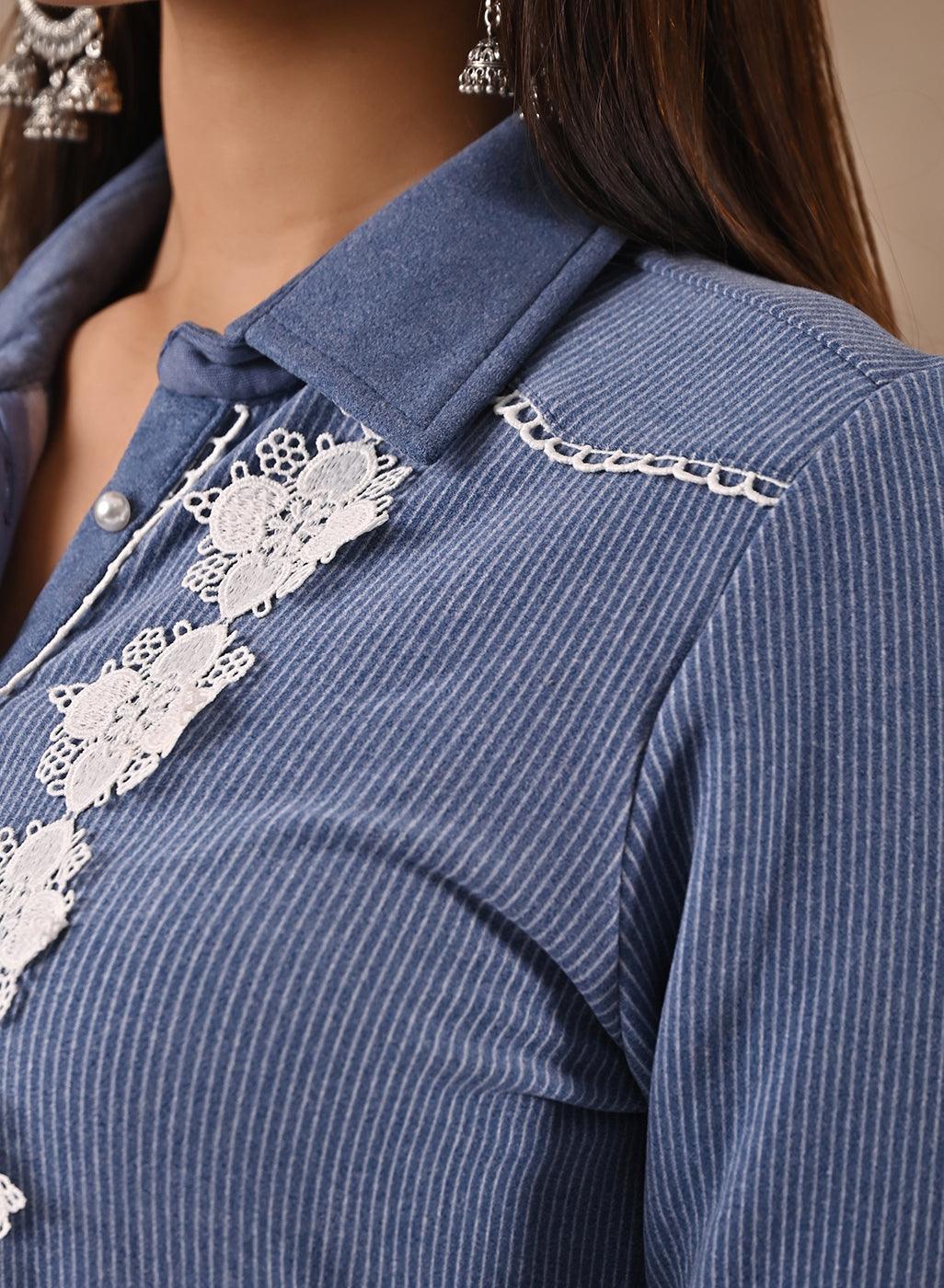 Blue Full Sleeve Woolen Striped Kurti with Lace Work - Lakshita